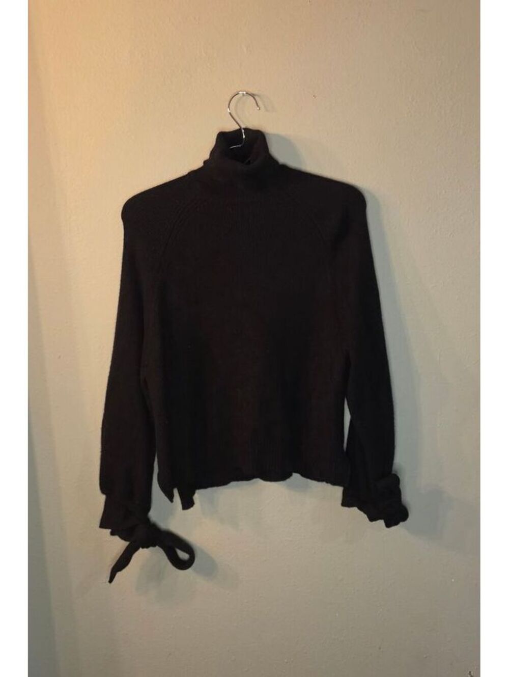Zara Black Turtleneck Sweater Tie Cuff Balloon Sleeve Women’s Small